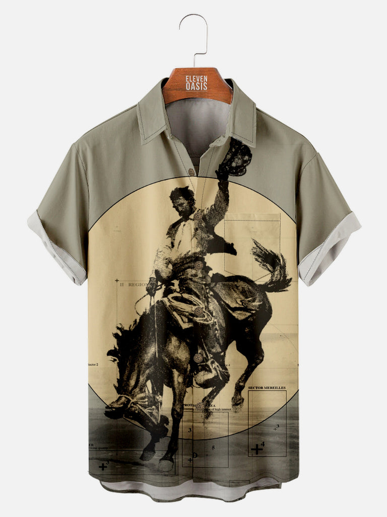 Men's Hand Sketched Cowboy Breaking Horse Short Sleeve Shirt, mens short sleeve shirts£¬big and tall mens shirts£¬short sleeve shirts for men£¬mens 4xl shirts£¬casual short sleeve shirts