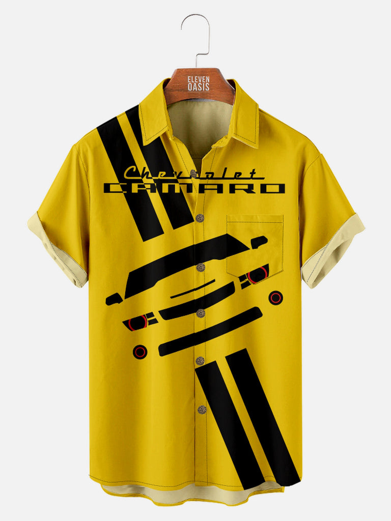 Men's Yellow Chevrolet Camaro Stripes Short Sleeve Shirt, mens short sleeve shirts¡ê?big and tall mens shirts¡ê?short sleeve shirts for men¡ê?mens 4xl shirts¡ê?casual short sleeve shirts