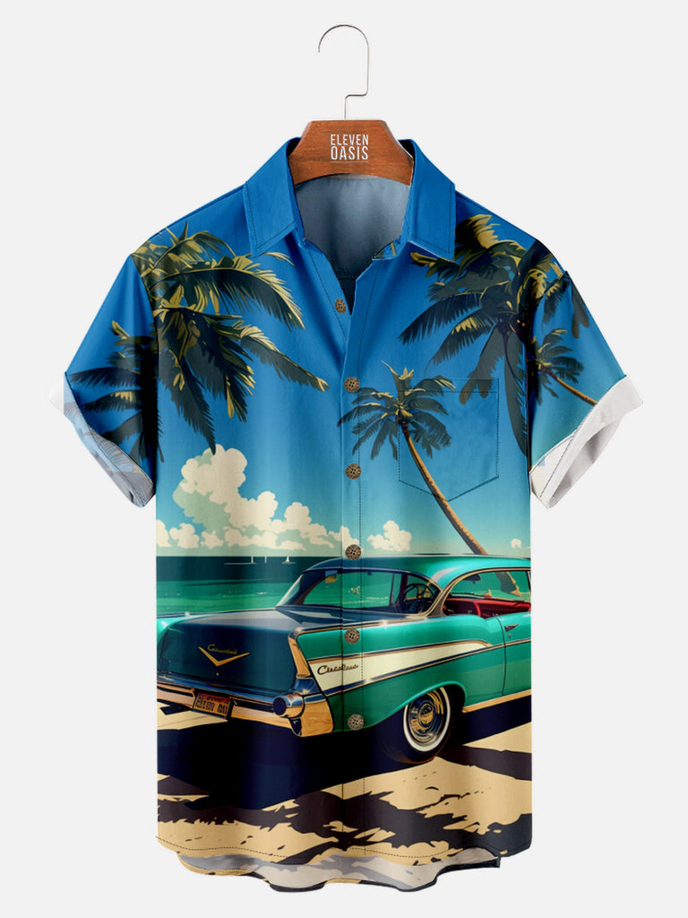 Men's Chevrolet Parked on a Beach with Palm Trees Short Sleeve Shirt, mens short sleeve shirts¡ê?big and tall mens shirts¡ê?short sleeve shirts for men¡ê?mens 4xl shirts¡ê?casual short sleeve shirts