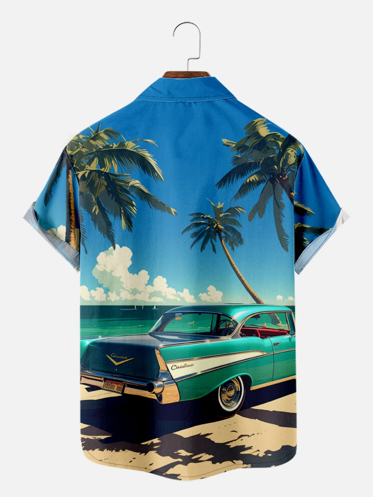 Men's Chevrolet Parked on a Beach with Palm Trees Short Sleeve Shirt, mens short sleeve shirts£¬big and tall mens shirts£¬short sleeve shirts for men£¬mens 4xl shirts£¬casual short sleeve shirts