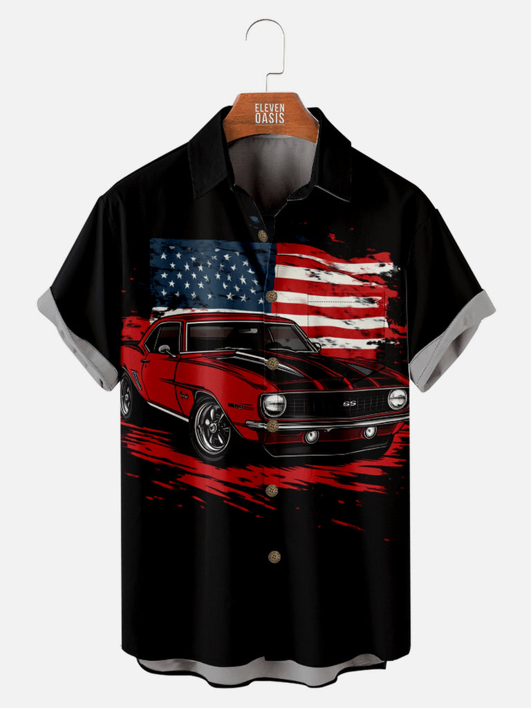 Men's American-Made Muscle Cars Stars and Stripes Short Sleeve Shirt, mens short sleeve shirts£¬big and tall mens shirts£¬short sleeve shirts for men£¬mens 4xl shirts£¬casual short sleeve shirts