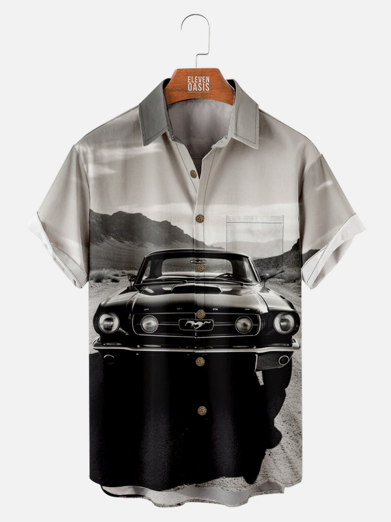 Men's Black and White Mustang in the Desert Short Sleeve Shirt, mens short sleeve shirts¡ê?big and tall mens shirts¡ê?short sleeve shirts for men¡ê?mens 4xl shirts¡ê?casual short sleeve shirts