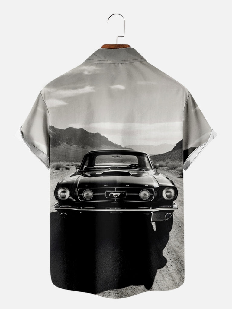 Men's Black and White Mustang in the Desert Short Sleeve Shirt, mens short sleeve shirts¡ê?big and tall mens shirts¡ê?short sleeve shirts for men¡ê?mens 4xl shirts¡ê?casual short sleeve shirts