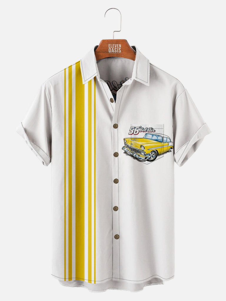 Men's Yellow Chevrolet 1956 Bel Air with Stripes White Short Sleeve Shirt, mens short sleeve shirts¡ê?big and tall mens shirts¡ê?short sleeve shirts for men¡ê?mens 4xl shirts¡ê?casual short sleeve shirts