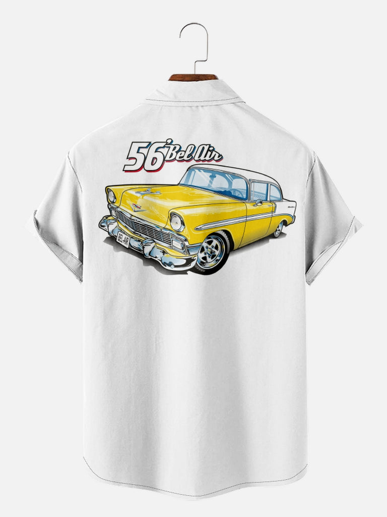 Men's Yellow Chevrolet 1956 Bel Air with Stripes White Short Sleeve Shirt, mens short sleeve shirts£¬big and tall mens shirts£¬short sleeve shirts for men£¬mens 4xl shirts£¬casual short sleeve shirts