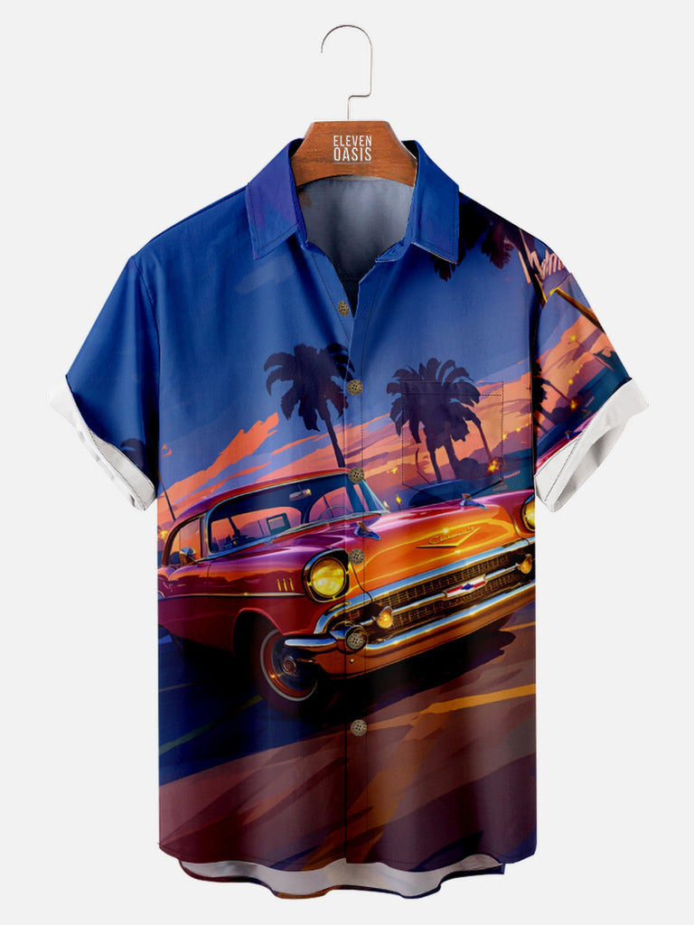 Men's Chevrolet Parked During Sunset with Palm Trees Short Sleeve Shirt, mens short sleeve shirts£¬big and tall mens shirts£¬short sleeve shirts for men£¬mens 4xl shirts£¬casual short sleeve shirts