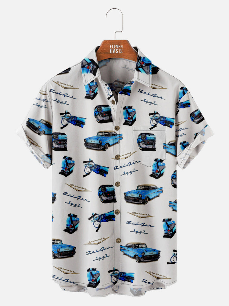 Men's All Over Print Blue Chevrolet Bel Air 1957 Short Sleeve Shirt, mens short sleeve shirts£¬big and tall mens shirts£¬short sleeve shirts for men£¬mens 4xl shirts£¬casual short sleeve shirts