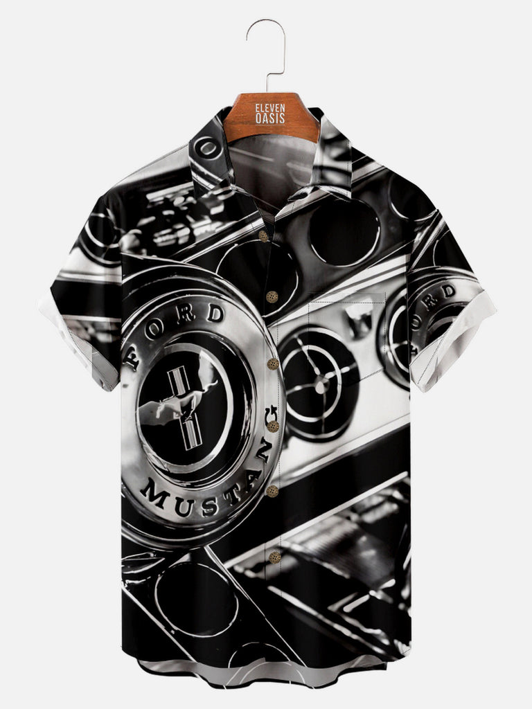 Men's Close Up of Ford Mustang Black and White Short Sleeve Shirt, mens short sleeve shirts£¬big and tall mens shirts£¬short sleeve shirts for men£¬mens 4xl shirts£¬casual short sleeve shirts