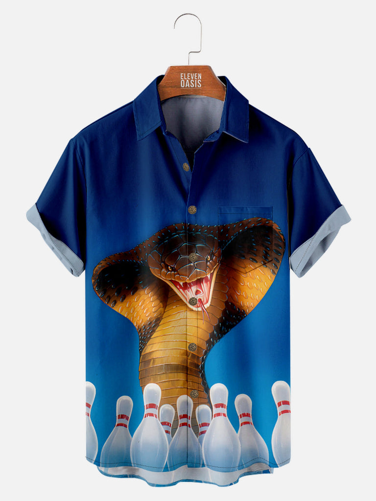 Men's King Cobra Bowling Pins Blue Gradient Short Sleeve Shirt, mens short sleeve shirts£¬big and tall mens shirts£¬short sleeve shirts for men£¬mens 4xl shirts£¬casual short sleeve shirts