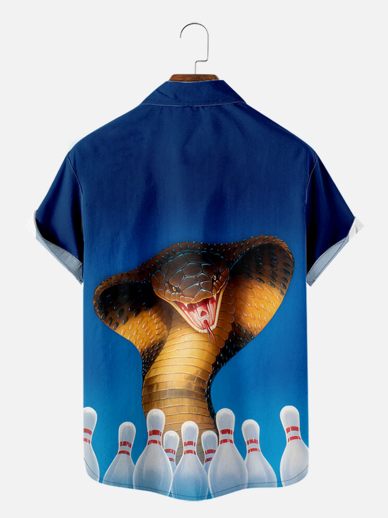 Men's King Cobra Bowling Pins Blue Gradient Short Sleeve Shirt, mens short sleeve shirts£¬big and tall mens shirts£¬short sleeve shirts for men£¬mens 4xl shirts£¬casual short sleeve shirts