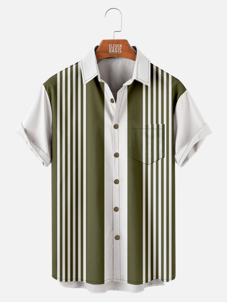 Men's White with Green Stripes Bowling Short Sleeve Shirt, mens short sleeve shirts£¬big and tall mens shirts£¬short sleeve shirts for men£¬mens 4xl shirts£¬casual short sleeve shirts