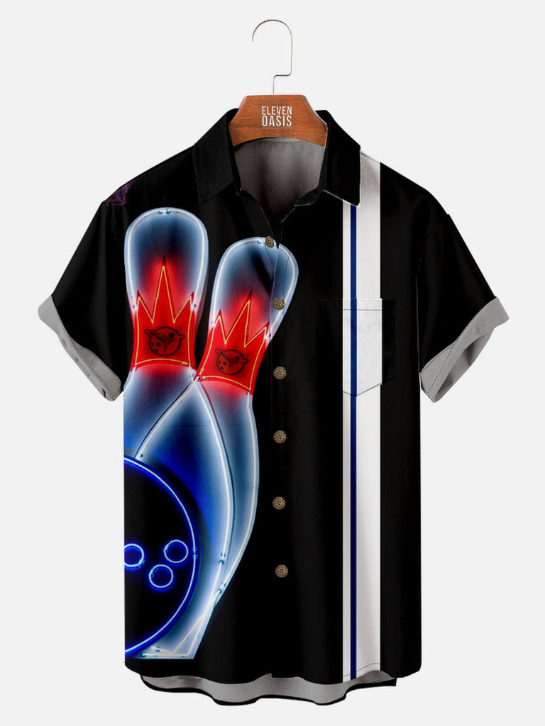 Men's Neon Bowling Pin and Bowl Striped Bowling Short Sleeve Shirt, mens short sleeve shirts¡ê?big and tall mens shirts¡ê?short sleeve shirts for men¡ê?mens 4xl shirts¡ê?casual short sleeve shirts