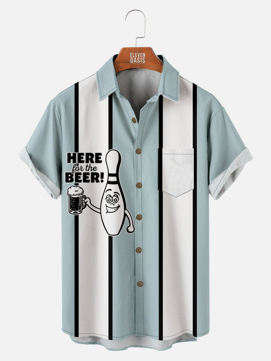 Men's Funny Here for the Beer Striped Bowling Short Sleeve Shirt, mens short sleeve shirts£¬big and tall mens shirts£¬short sleeve shirts for men£¬mens 4xl shirts£¬casual short sleeve shirts