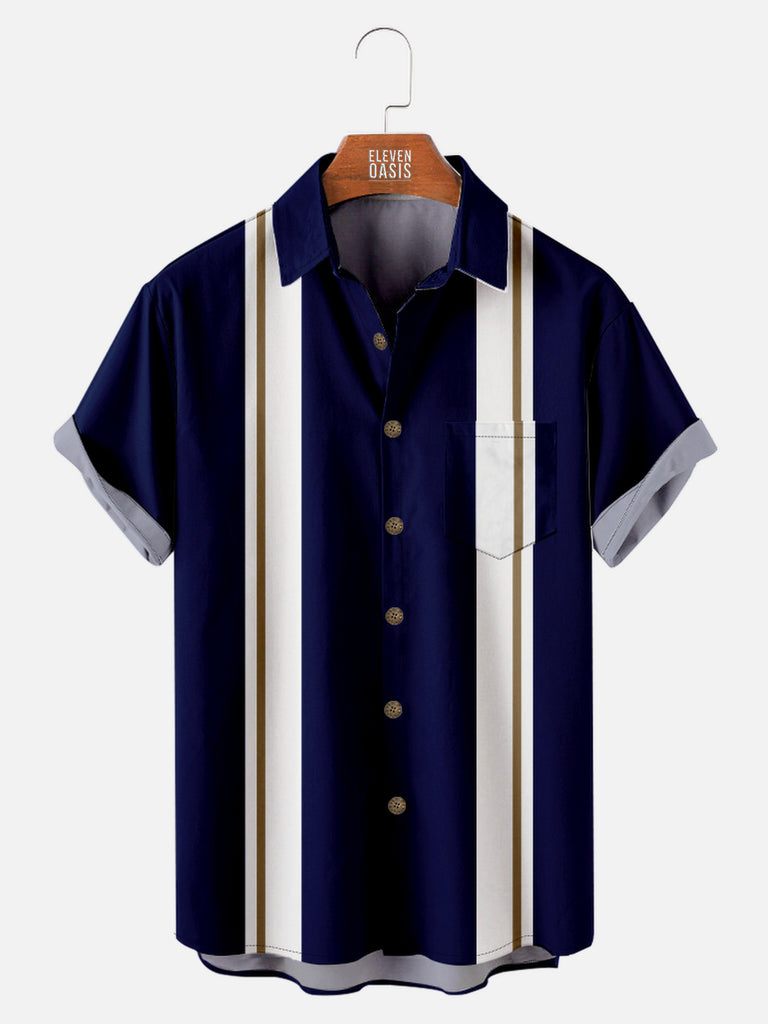 Men's Midnight Blue with White and Bronze Striped Bowling Short Sleeve Shirt, mens short sleeve shirts£¬big and tall mens shirts£¬short sleeve shirts for men£¬mens 4xl shirts£¬casual short sleeve shirts