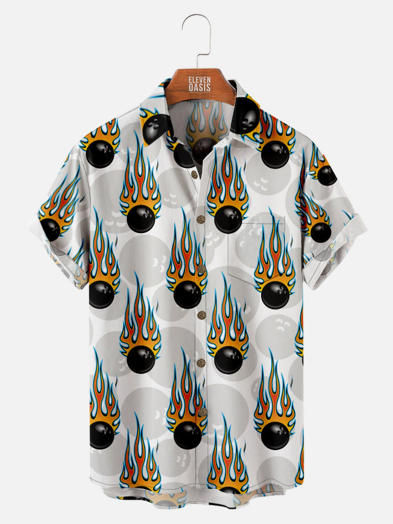 Men's All Over Print Bowling Balls with Flames Short Sleeve Shirt, mens short sleeve shirts£¬big and tall mens shirts£¬short sleeve shirts for men£¬mens 4xl shirts£¬casual short sleeve shirts