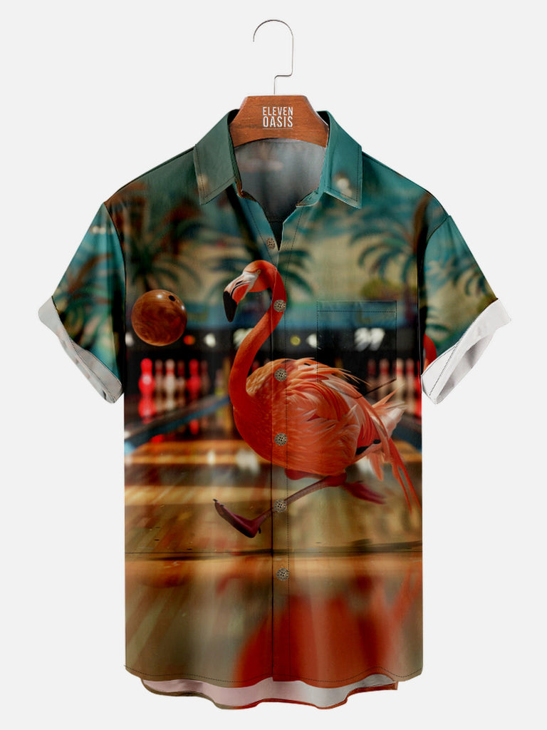 Men's Flamingo Goes Bowling Short Sleeve Shirt, mens short sleeve shirts¡ê?big and tall mens shirts¡ê?short sleeve shirts for men¡ê?mens 4xl shirts¡ê?casual short sleeve shirts