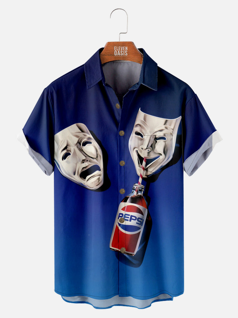 Men's Comedy Mask Drinking a Pepsi Tragedy Mask Just Sad Short Sleeve Shirt, mens short sleeve shirts£¬big and tall mens shirts£¬short sleeve shirts for men£¬mens 4xl shirts£¬casual short sleeve shirts