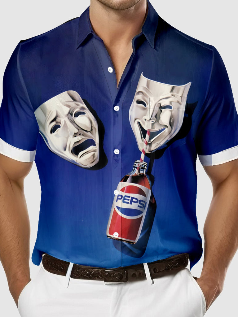 Men's Comedy Mask Drinking a Pepsi Tragedy Mask Just Sad Short Sleeve Shirt, mens short sleeve shirts¡ê?big and tall mens shirts¡ê?short sleeve shirts for men¡ê?mens 4xl shirts¡ê?casual short sleeve shirts