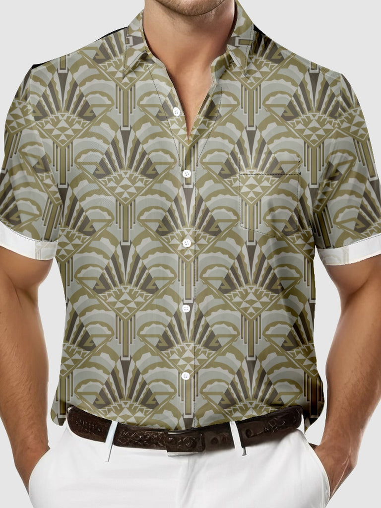 Men's Art Deco Great Gatsby Inspired Beige Short Sleeve Shirt, mens short sleeve shirts?¨º?big and tall mens shirts?¨º?short sleeve shirts for men?¨º?mens 4xl shirts?¨º?casual short sleeve shirts