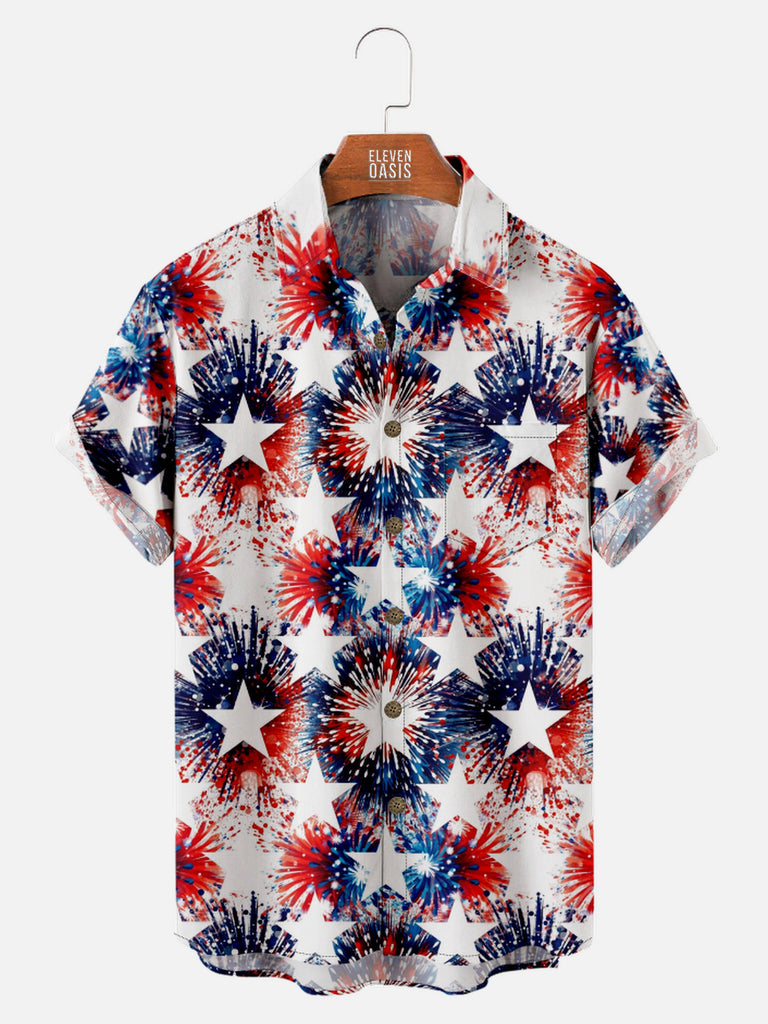 Men's Blue and White Fireworks with Stars Short Sleeve Shirt, mens short sleeve shirts¡ê?big and tall mens shirts¡ê?short sleeve shirts for men¡ê?mens 4xl shirts¡ê?casual short sleeve shirts