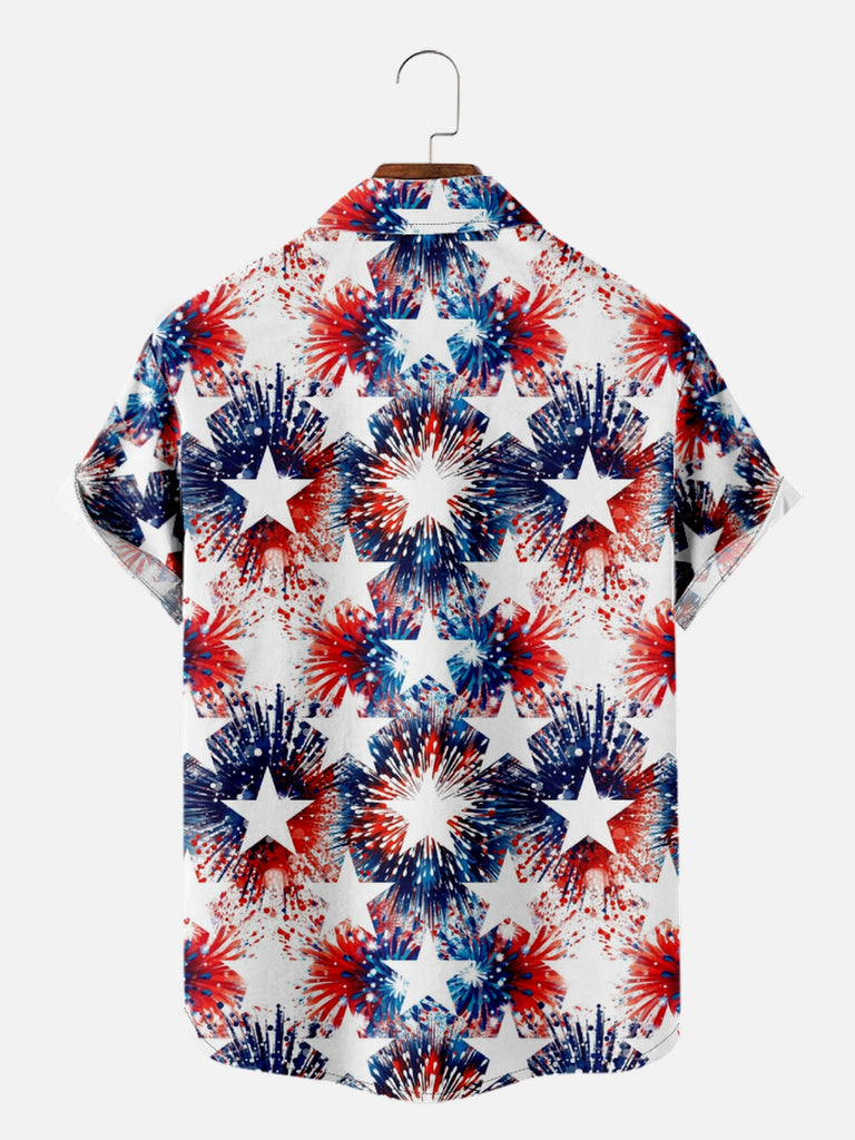 Men's Blue and White Fireworks with Stars Short Sleeve Shirt, mens short sleeve shirts¡ê?big and tall mens shirts¡ê?short sleeve shirts for men¡ê?mens 4xl shirts¡ê?casual short sleeve shirts