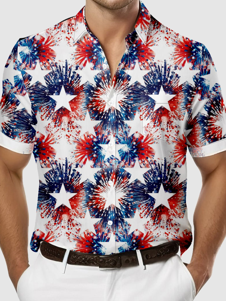 Men's Blue and White Fireworks with Stars Short Sleeve Shirt, mens short sleeve shirts£¬big and tall mens shirts£¬short sleeve shirts for men£¬mens 4xl shirts£¬casual short sleeve shirts