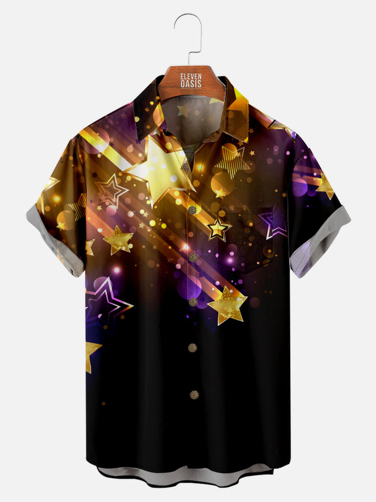 Men's Golden Sparkly Stars Ready to Celebrate Short Sleeve Shirt, mens short sleeve shirts£¬big and tall mens shirts£¬short sleeve shirts for men£¬mens 4xl shirts£¬casual short sleeve shirts