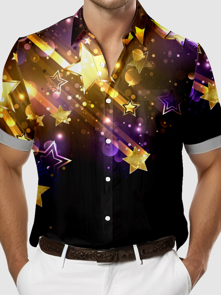 Men's Golden Sparkly Stars Ready to Celebrate Short Sleeve Shirt, mens short sleeve shirts£¬big and tall mens shirts£¬short sleeve shirts for men£¬mens 4xl shirts£¬casual short sleeve shirts