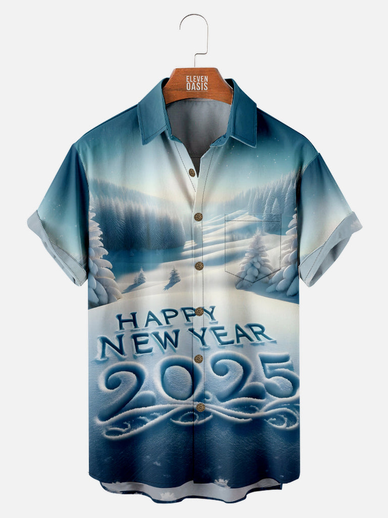 Men's Happy New Year 2025 Winter Wonderland Short Sleeve Shirt, mens short sleeve shirts£¬big and tall mens shirts£¬short sleeve shirts for men£¬mens 4xl shirts£¬casual short sleeve shirts