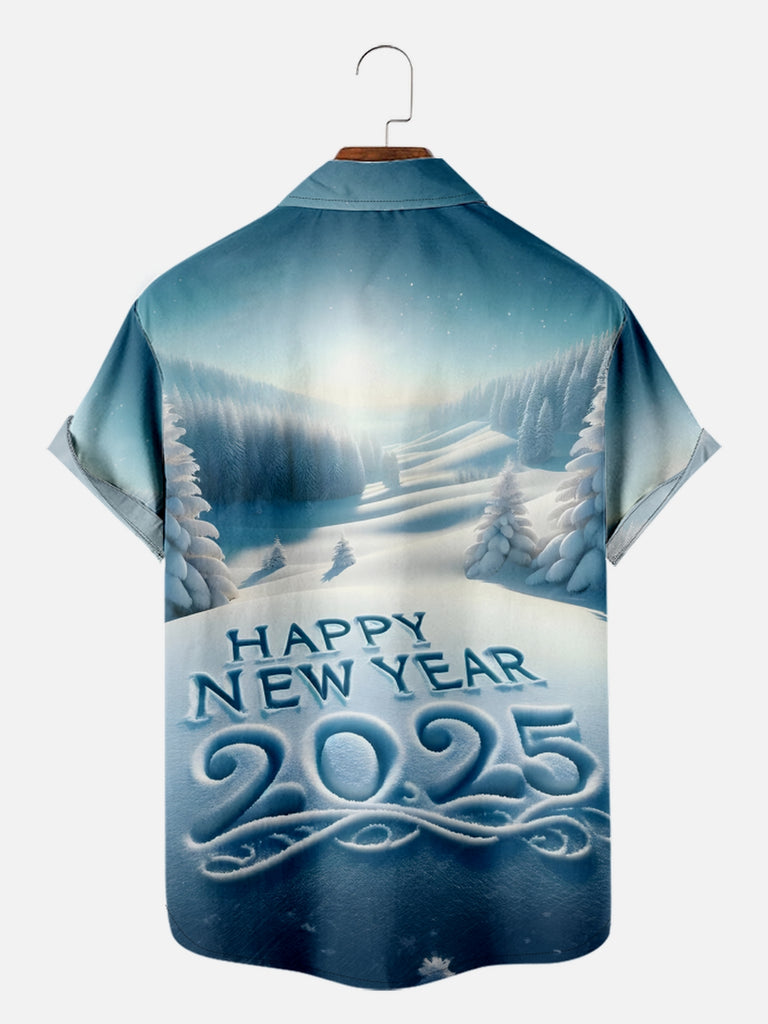 Men's Happy New Year 2025 Winter Wonderland Short Sleeve Shirt, mens short sleeve shirts£¬big and tall mens shirts£¬short sleeve shirts for men£¬mens 4xl shirts£¬casual short sleeve shirts