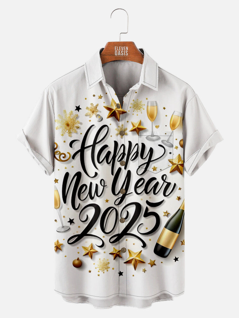 Men's Happy New Year 2025 Champagne and Gold Stars Short Sleeve Shirt, mens short sleeve shirts¡ê?big and tall mens shirts¡ê?short sleeve shirts for men¡ê?mens 4xl shirts¡ê?casual short sleeve shirts