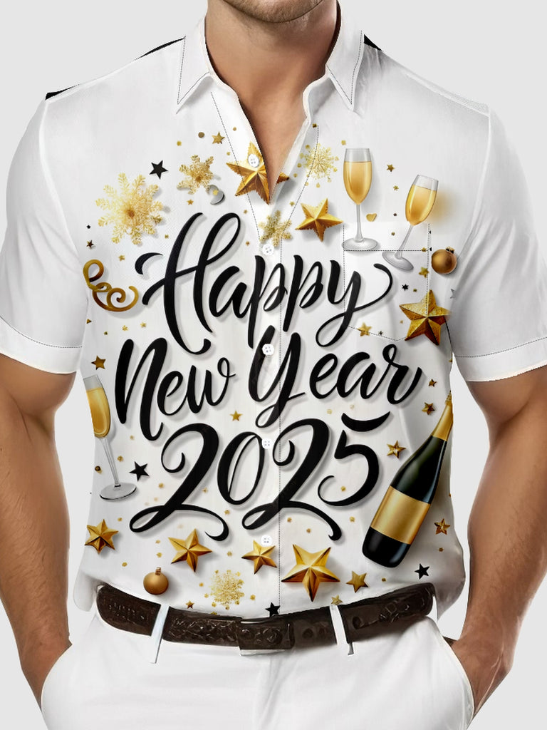 Men's Happy New Year 2025 Champagne and Gold Stars Short Sleeve Shirt, mens short sleeve shirts£¬big and tall mens shirts£¬short sleeve shirts for men£¬mens 4xl shirts£¬casual short sleeve shirts