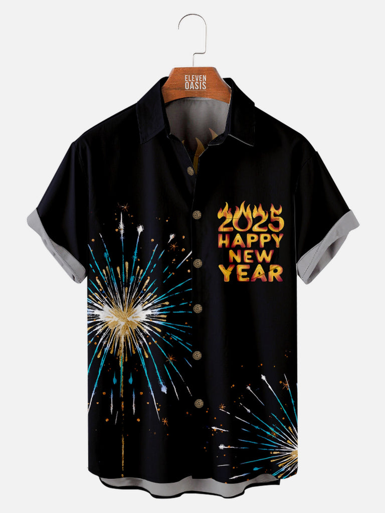 Men's Happy New Year 2025 Fireworks Short Sleeve Shirt, mens short sleeve shirts¡ê?big and tall mens shirts¡ê?short sleeve shirts for men¡ê?mens 4xl shirts¡ê?casual short sleeve shirts