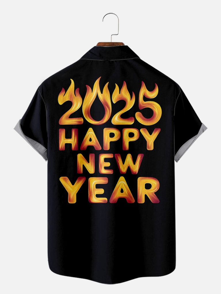 Men's Happy New Year 2025 Fireworks Short Sleeve Shirt, mens short sleeve shirts£¬big and tall mens shirts£¬short sleeve shirts for men£¬mens 4xl shirts£¬casual short sleeve shirts