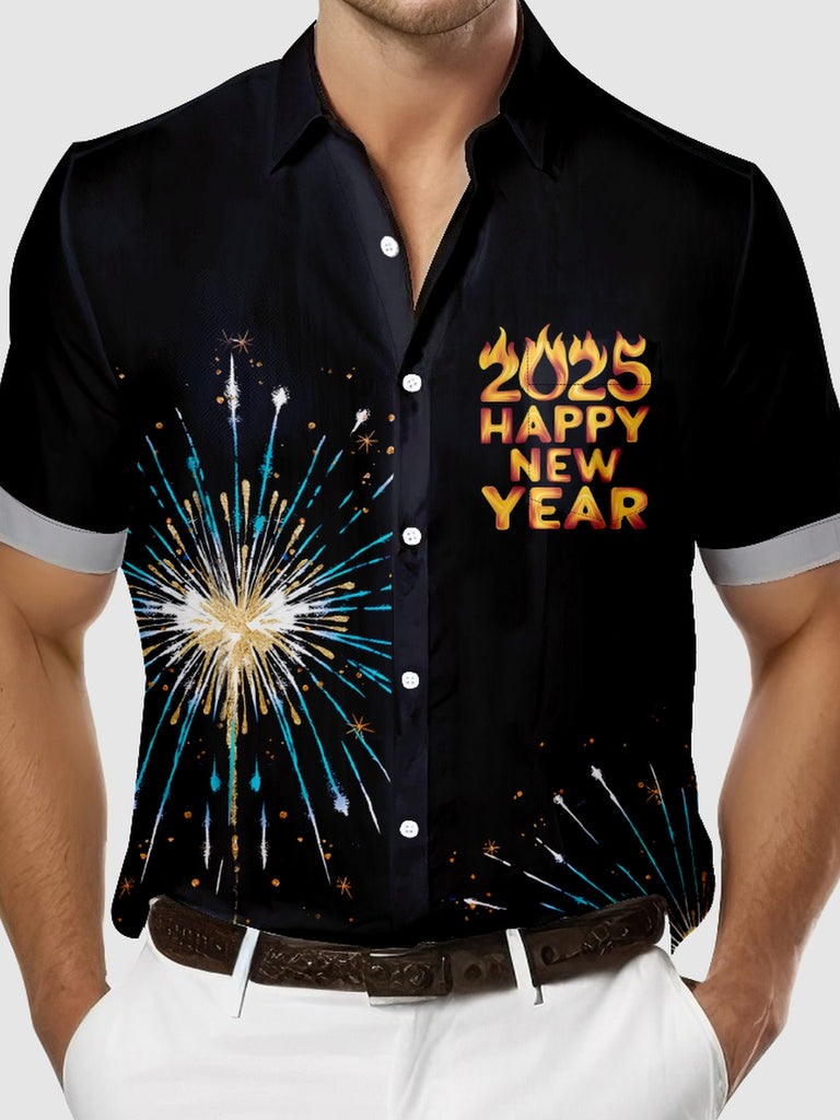 Men's Happy New Year 2025 Fireworks Short Sleeve Shirt, mens short sleeve shirts¡ê?big and tall mens shirts¡ê?short sleeve shirts for men¡ê?mens 4xl shirts¡ê?casual short sleeve shirts