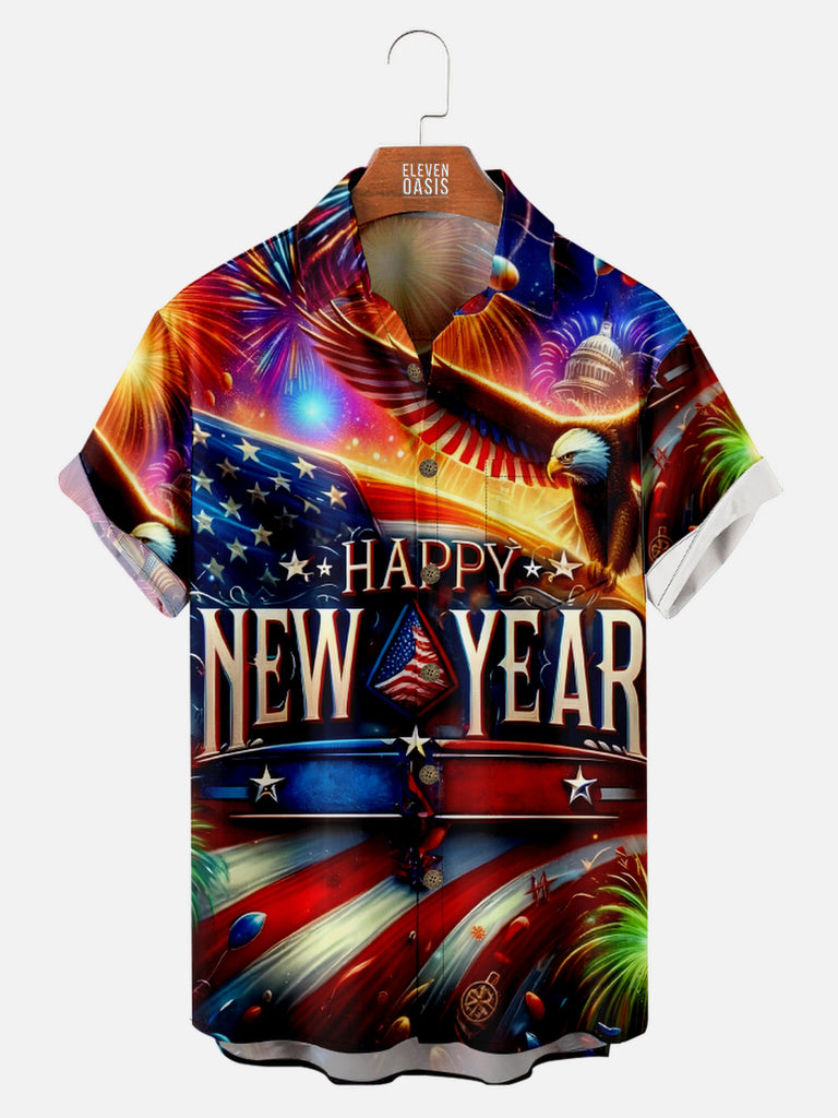 Men's Happy New Year with Eagle Fireworks USA Flag Short Sleeve Shirt, mens short sleeve shirts£¬big and tall mens shirts£¬short sleeve shirts for men£¬mens 4xl shirts£¬casual short sleeve shirts