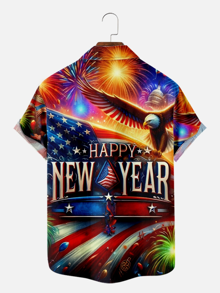 Men's Happy New Year with Eagle Fireworks USA Flag Short Sleeve Shirt, mens short sleeve shirts£¬big and tall mens shirts£¬short sleeve shirts for men£¬mens 4xl shirts£¬casual short sleeve shirts