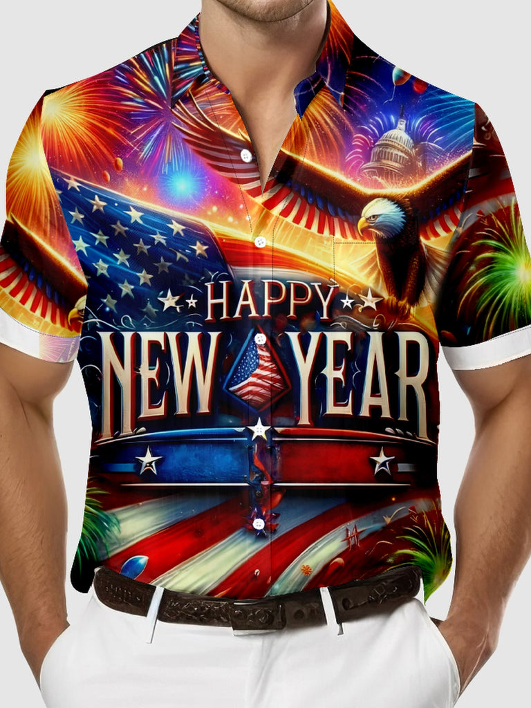 Men's Happy New Year with Eagle Fireworks USA Flag Short Sleeve Shirt, mens short sleeve shirts¡ê?big and tall mens shirts¡ê?short sleeve shirts for men¡ê?mens 4xl shirts¡ê?casual short sleeve shirts