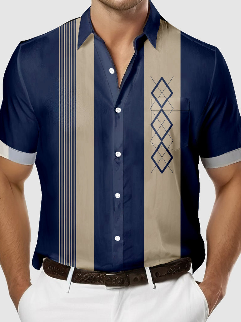 Tall Casual Art Collection Geometric Stripes Color Block Bowling Pattern Lapel Short Sleeve Shirt Print Top, mens short sleeve shirts£¬big and tall mens shirts£¬short sleeve shirts for men£¬mens 4xl shirts£¬casual short sleeve shirts