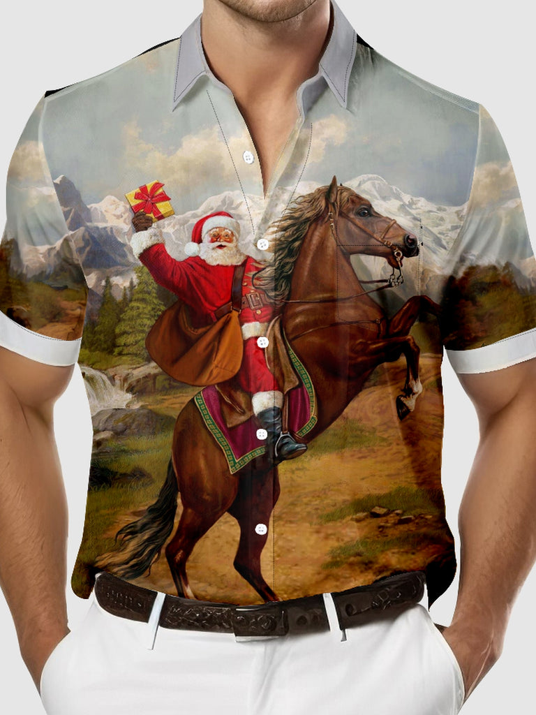 Christmas Santa Cowboy Men's Short Sleeve ShirtMens short sleeve shirts Big and tall Mens shirts Short sleeve shirts for men Mens 4xl shirts Casual short sleeve shirts