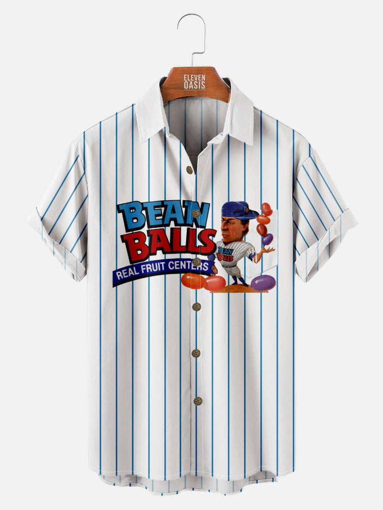 Men's 1990s Vintage Bean Balls Real Fruit Centers Baseball Short Sleeve Shirt, mens short sleeve shirts£¬big and tall mens shirts£¬short sleeve shirts for men£¬mens 4xl shirts£¬casual short sleeve shirts