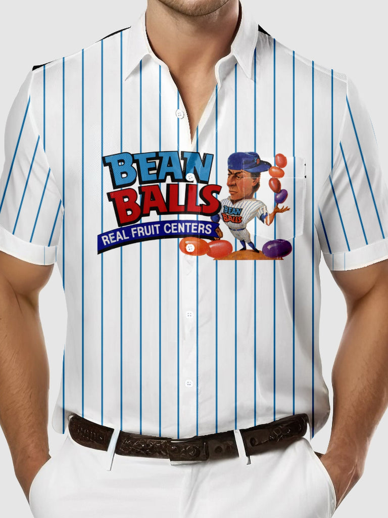 Men's 1990s Vintage Bean Balls Real Fruit Centers Baseball Short Sleeve Shirt, mens short sleeve shirts¡ê?big and tall mens shirts¡ê?short sleeve shirts for men¡ê?mens 4xl shirts¡ê?casual short sleeve shirts