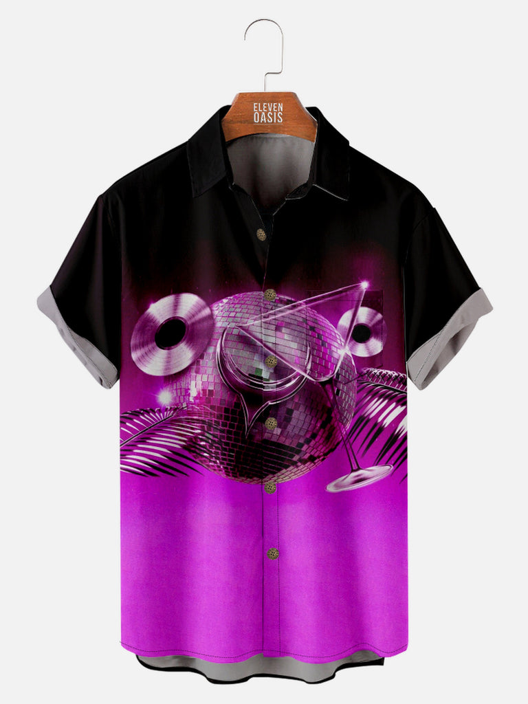 Men's Disco Ball Records and Martini Glasses Party Short Sleeve Shirt, mens short sleeve shirts£¬big and tall mens shirts£¬short sleeve shirts for men£¬mens 4xl shirts£¬casual short sleeve shirts