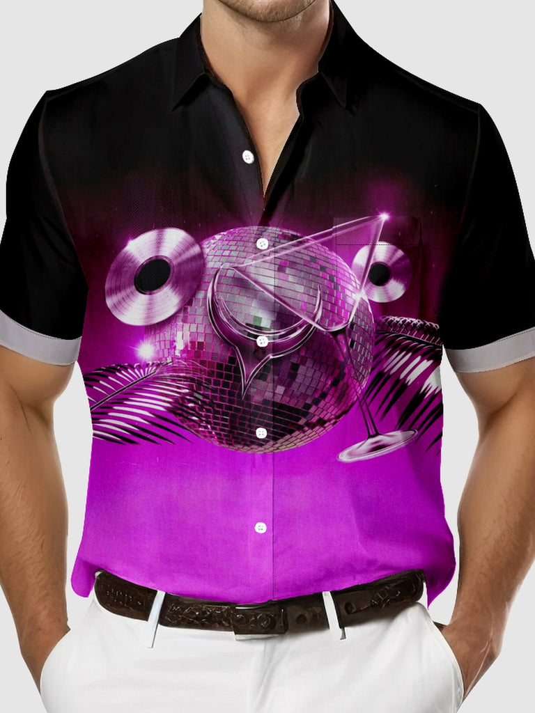 Men's Disco Ball Records and Martini Glasses Party Short Sleeve Shirt, mens short sleeve shirts£¬big and tall mens shirts£¬short sleeve shirts for men£¬mens 4xl shirts£¬casual short sleeve shirts