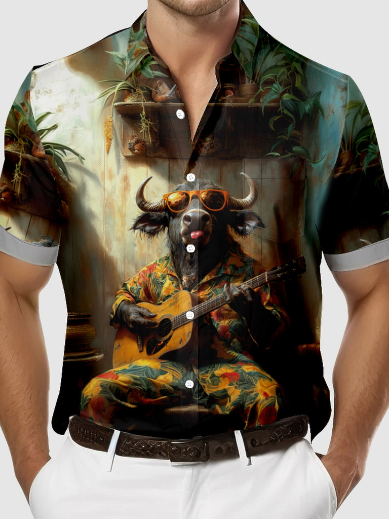 Men's Chilled Out Buffalo Playing the Guitar Short Sleeve Shirt, mens short sleeve shirts£¬big and tall mens shirts£¬short sleeve shirts for men£¬mens 4xl shirts£¬casual short sleeve shirts