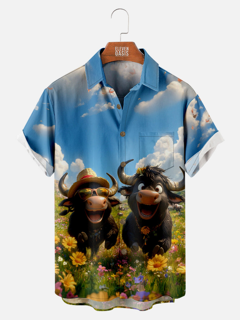 Men's Very Happy Pair of Buffalos Frolicking Field Short Sleeve Shirt, mens short sleeve shirts¡ê?big and tall mens shirts¡ê?short sleeve shirts for men¡ê?mens 4xl shirts¡ê?casual short sleeve shirts