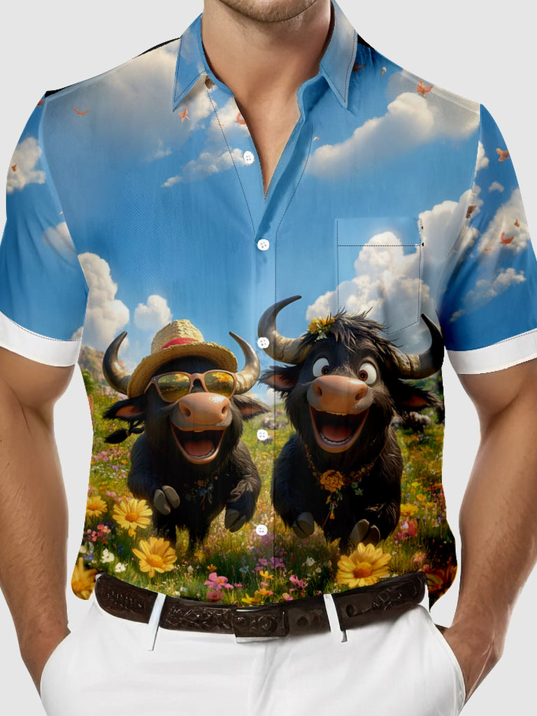 Men's Very Happy Pair of Buffalos Frolicking Field Short Sleeve Shirt, mens short sleeve shirts£¬big and tall mens shirts£¬short sleeve shirts for men£¬mens 4xl shirts£¬casual short sleeve shirts