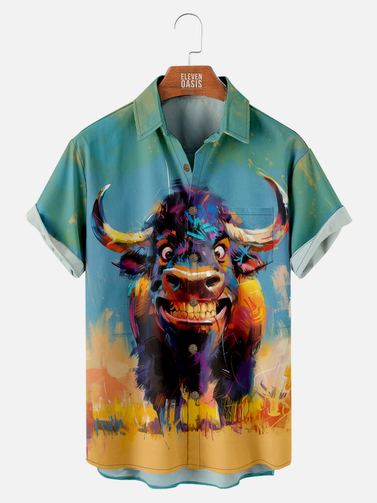 Men's Oil Painted Happy Buffalo Short Sleeve Shirt, mens short sleeve shirts¡ê?big and tall mens shirts¡ê?short sleeve shirts for men¡ê?mens 4xl shirts¡ê?casual short sleeve shirts