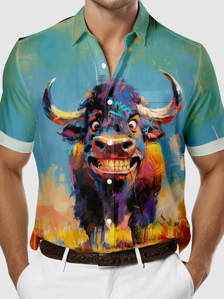 Men's Oil Painted Happy Buffalo Short Sleeve Shirt, mens short sleeve shirts¡ê?big and tall mens shirts¡ê?short sleeve shirts for men¡ê?mens 4xl shirts¡ê?casual short sleeve shirts