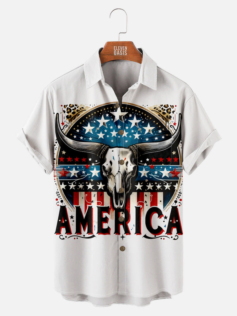 Men's USA Flag Buffalo Skull America Short Sleeve Shirt, mens short sleeve shirts£¬big and tall mens shirts£¬short sleeve shirts for men£¬mens 4xl shirts£¬casual short sleeve shirts